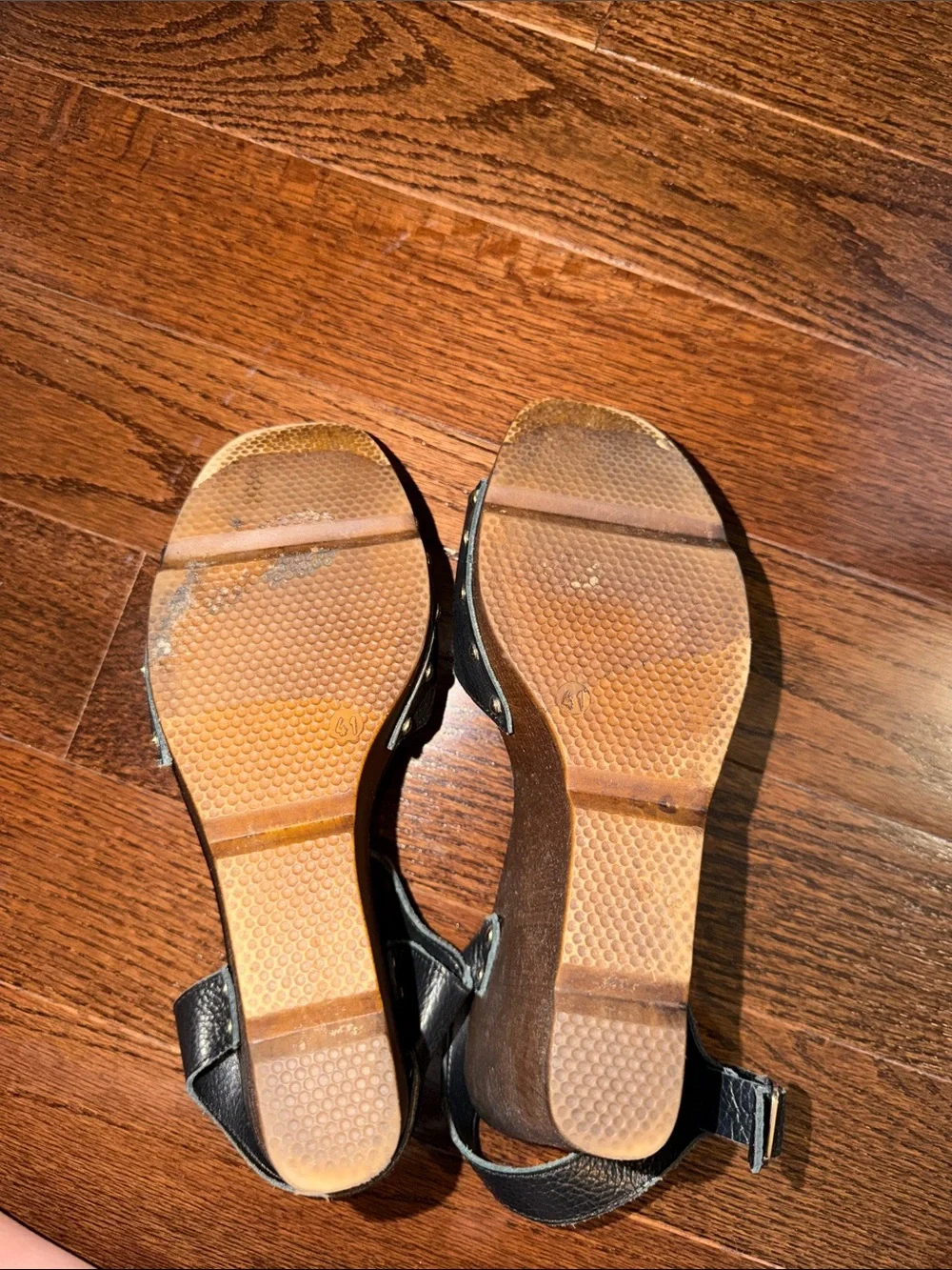 Black Leather-Look Wedge Sandals with Stud Accent
